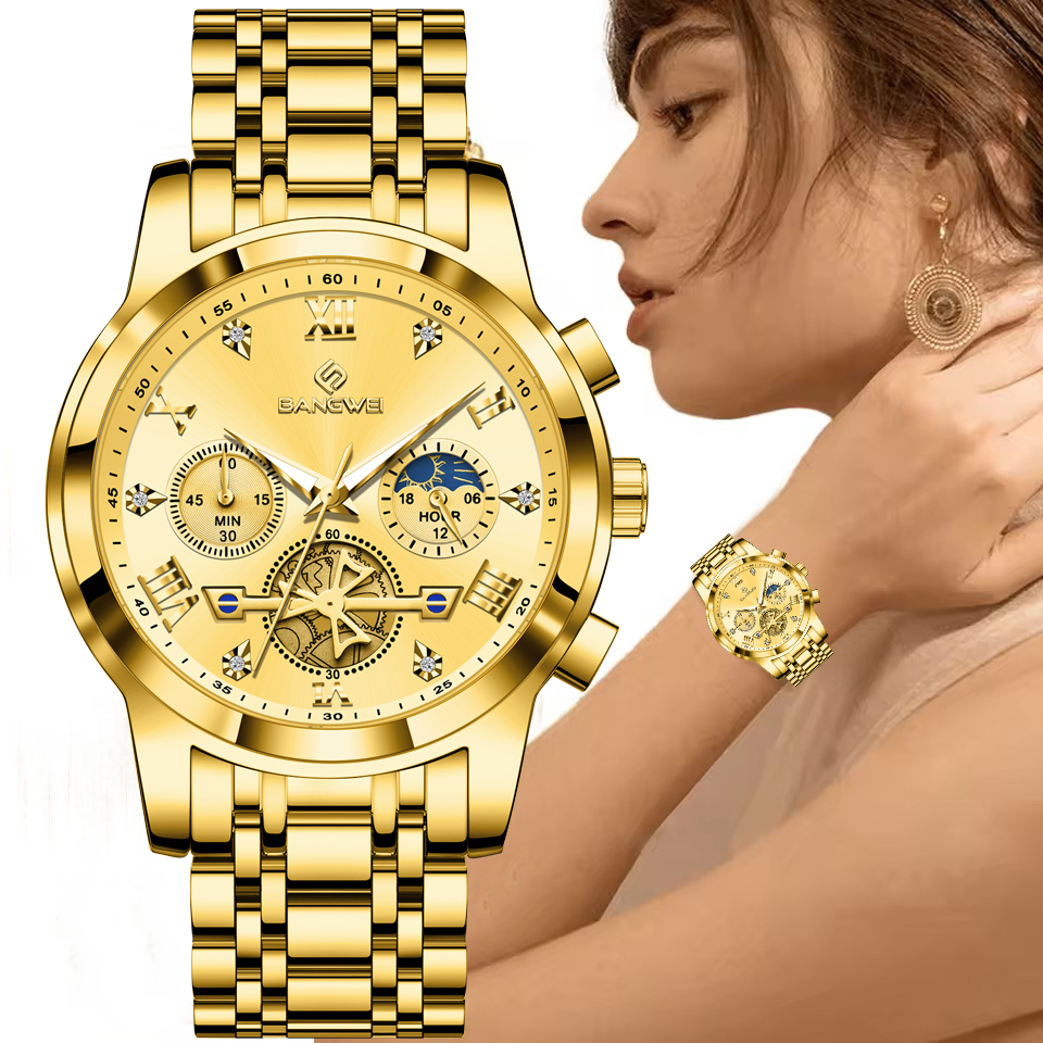 Relógio de pulso elegante dourado com cronógrafo